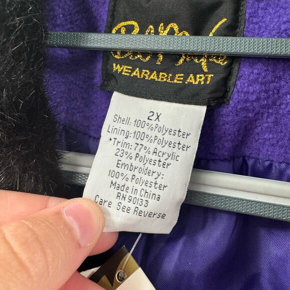 NWT Bob Mackie purple and blue fleece Embroidered faux fur vest - Picture 5 of 9